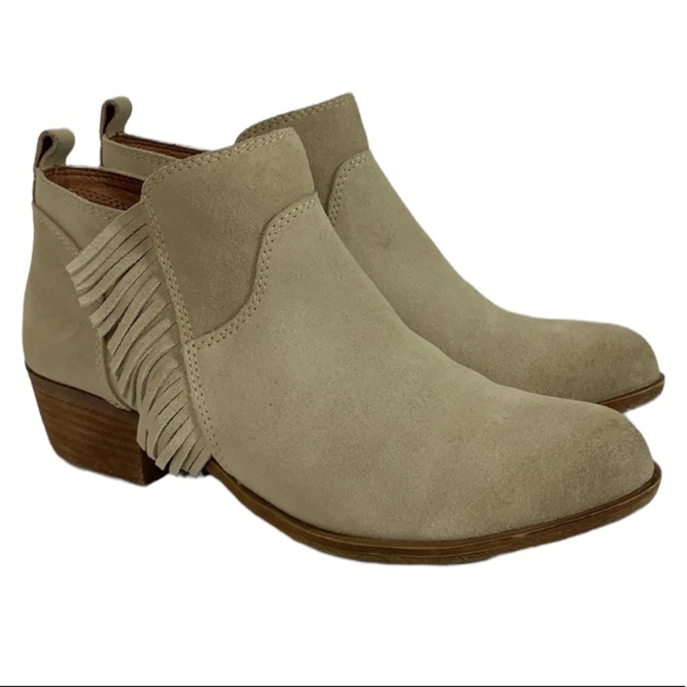 - Lucky Brand Tan Banji Suede Leather Western Fringe Stacked Heel Booties - Picture 3 of 10